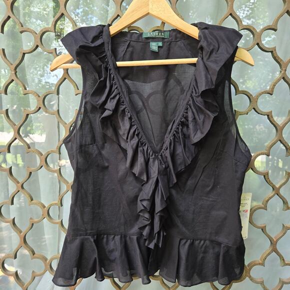 NWT Lauren Ralph Lauren Womens VTG Y2K Whimsigoth Sheer Black Ruffle Top 8 Boho - Picture 1 of 11
